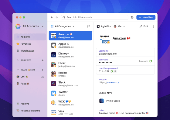 Mac 版本的 1Password 8 中選擇了功能表中的所有項目以及 Amazon 項目。