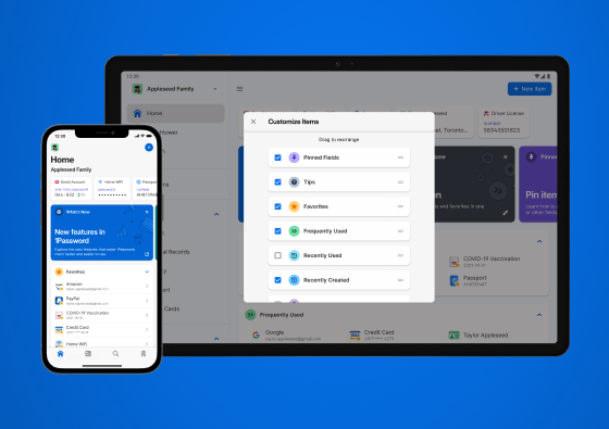 iPhone displaying 1Password home screen with pinned items at the top, followed by a “New features in 1Password” and favorite items sections. An iPad in landscape mode is centered in the frame, displaying the 1Password “Customize items” overlay, with various sections toggled and drag-and-drop handles to the right of each item.