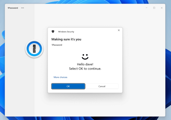 1Password 8 pour Windows avec un message d'invite de Windows Security confirmant l'identité par une authentification sans mot de passe.