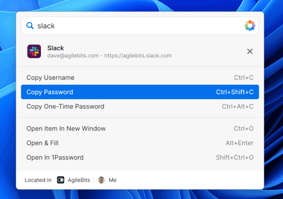 Fenêtre d'accès rapide de 1Password affichant « slack » dans le champ de recherche, avec les détails de connexion de l'élément Slack correspondant dans 1Password visibles et disponibles pour être copiés dans le presse-papiers individuellement